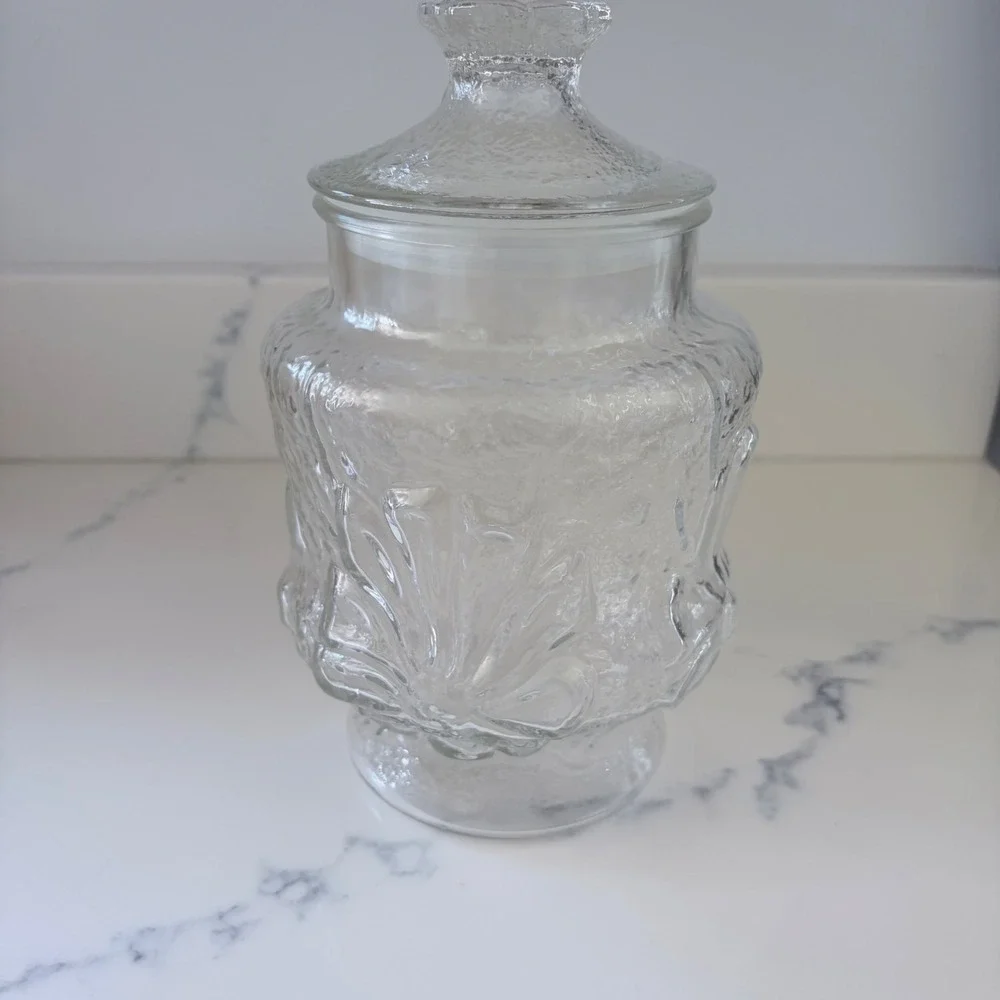 VNTG Clear Textured Glass Apothecary Jar with Lid Floral Embossed Canister 9in